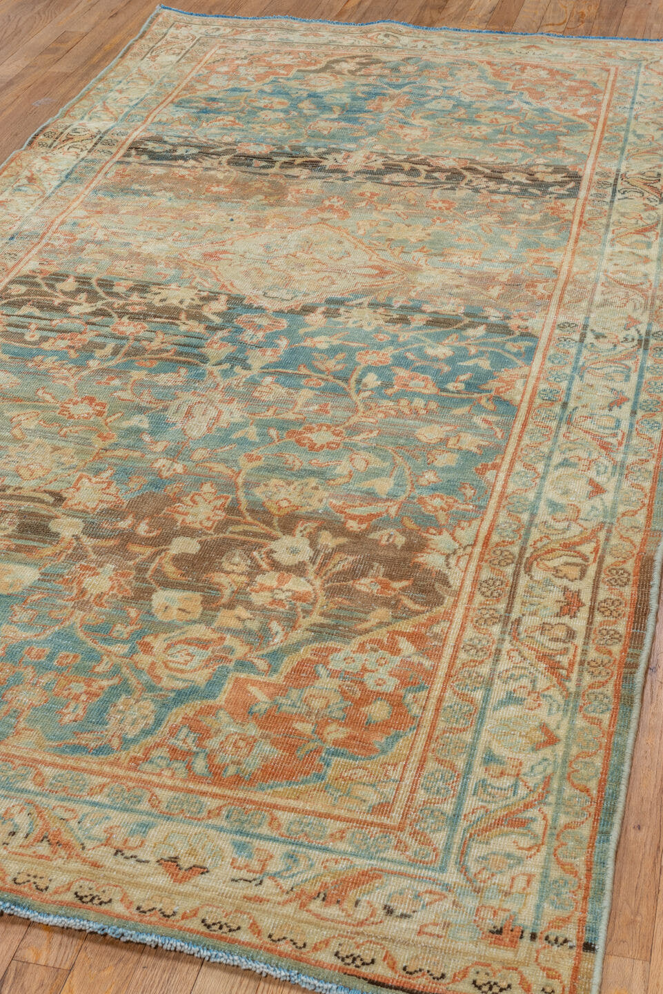 4' x 8' one-of-a-kind handmade vintage Mahal rug. Color palette: sky blue, ivory, coral, taupe, brown, beige, light blue