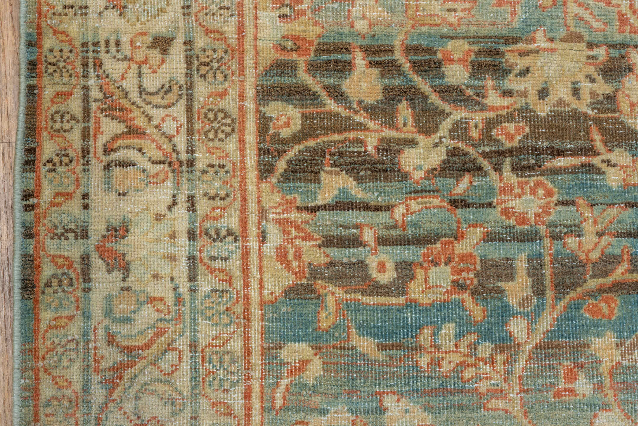 4' x 8' one-of-a-kind handmade vintage Mahal rug. Color palette: sky blue, ivory, coral, taupe, brown, beige, light blue