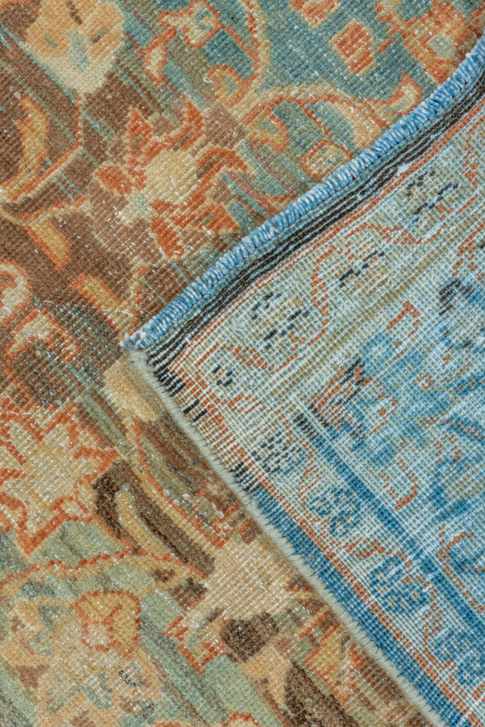 4' x 8' one-of-a-kind handmade vintage Mahal rug. Color palette: sky blue, ivory, coral, taupe, brown, beige, light blue