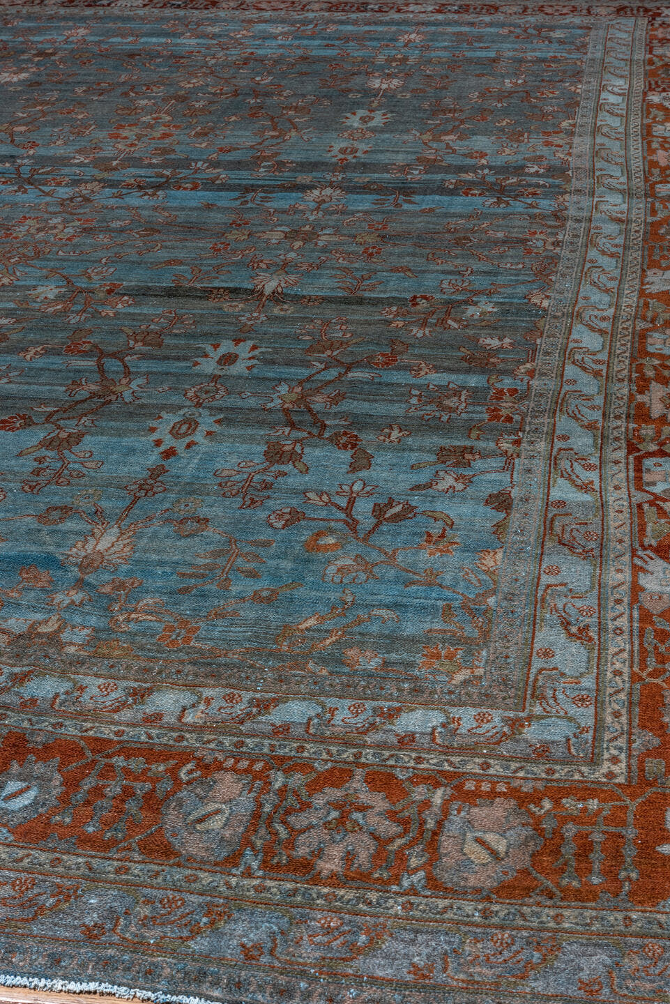 12' x 20' one-of-a-kind handmade vintage Malayer oversize rug. Color palette: blue, rust, ivory, taupe, brown, charcoal