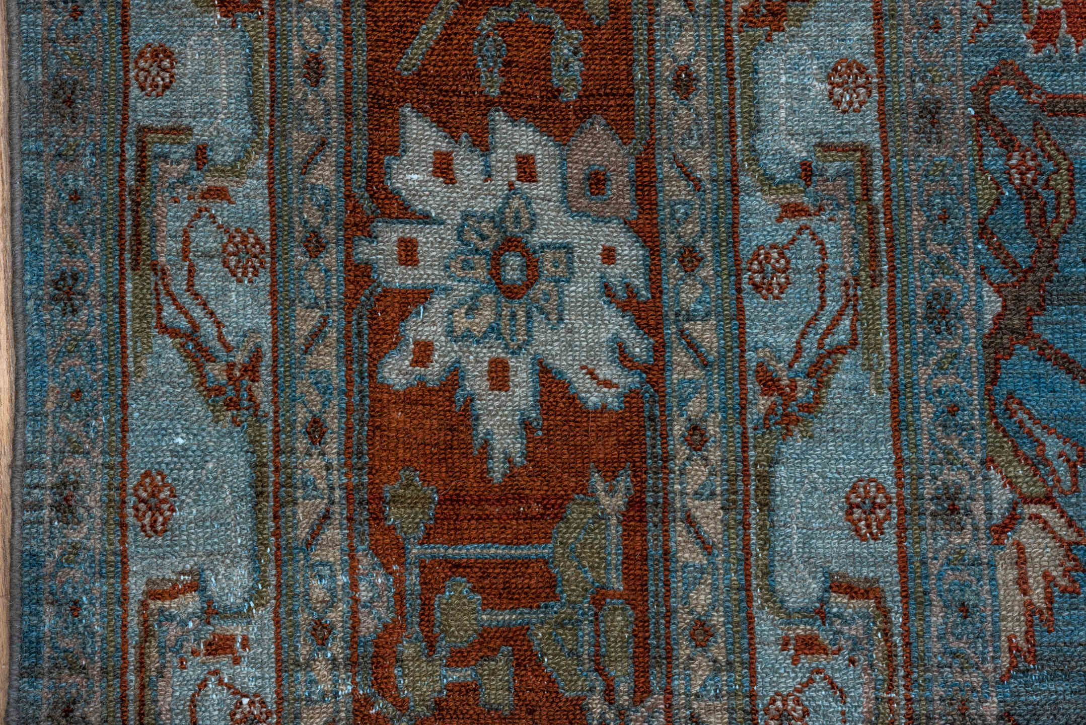 12' x 20' one-of-a-kind handmade vintage Malayer oversize rug. Color palette: blue, rust, ivory, taupe, brown, charcoal