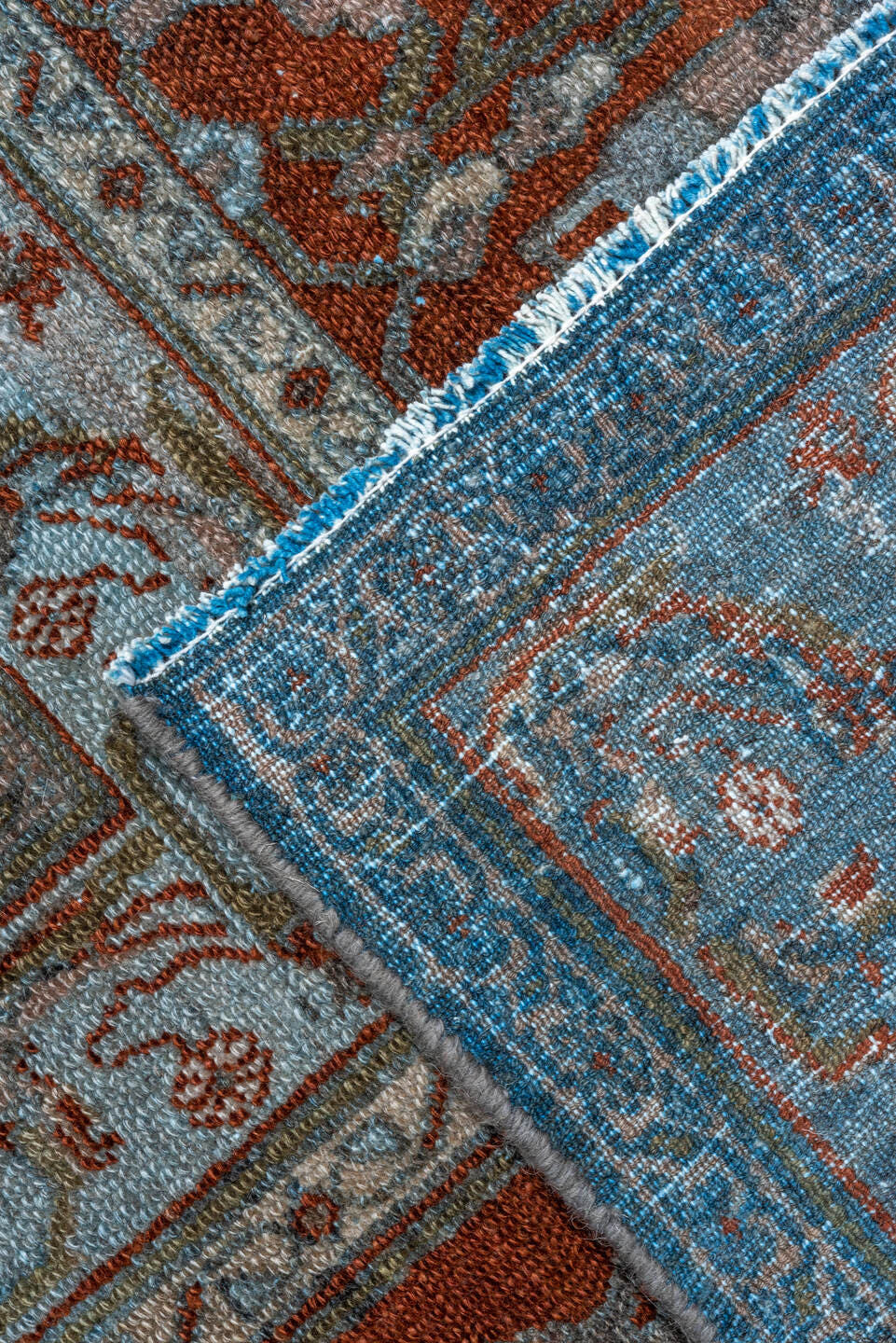 12' x 20' one-of-a-kind handmade vintage Malayer oversize rug. Color palette: blue, rust, ivory, taupe, brown, charcoal