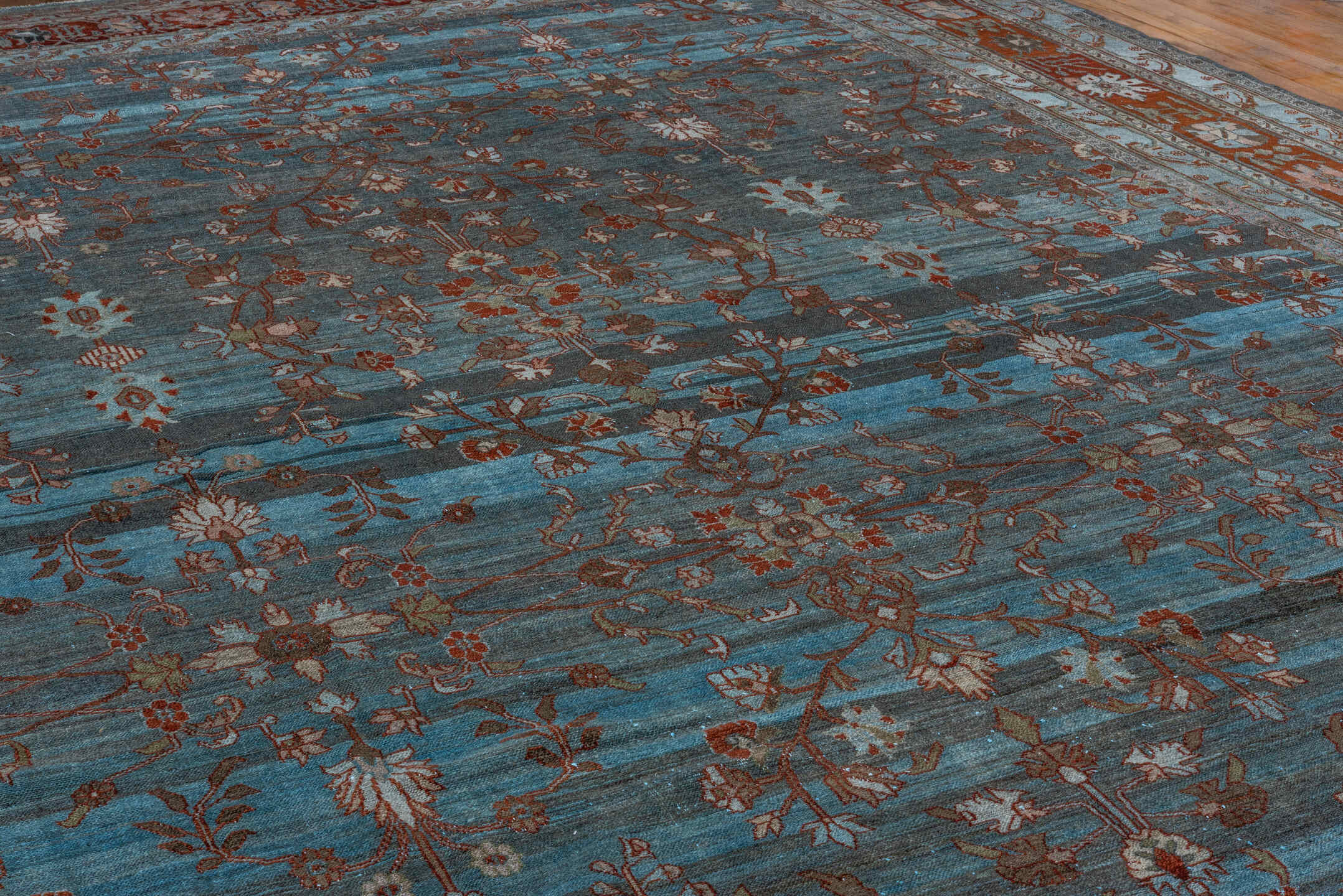 12' x 20' one-of-a-kind handmade vintage Malayer oversize rug. Color palette: blue, rust, ivory, taupe, brown, charcoal