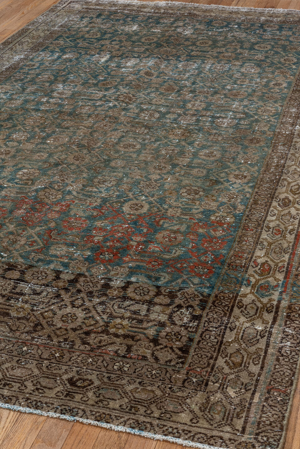 5' x 9' one-of-a-kind handmade vintage Malayer medium size rug. Color palette: taupe, teal, brown, ivory, charcoal, rust