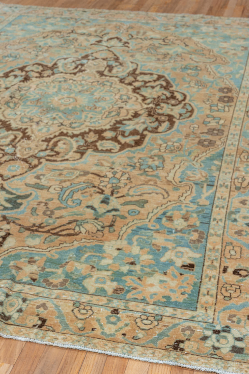 6' x 10' one-of-a-kind handmade vintage Baktiary large size rug. Color palette: beige, aqua, ivory, brown, taupe, charcoal