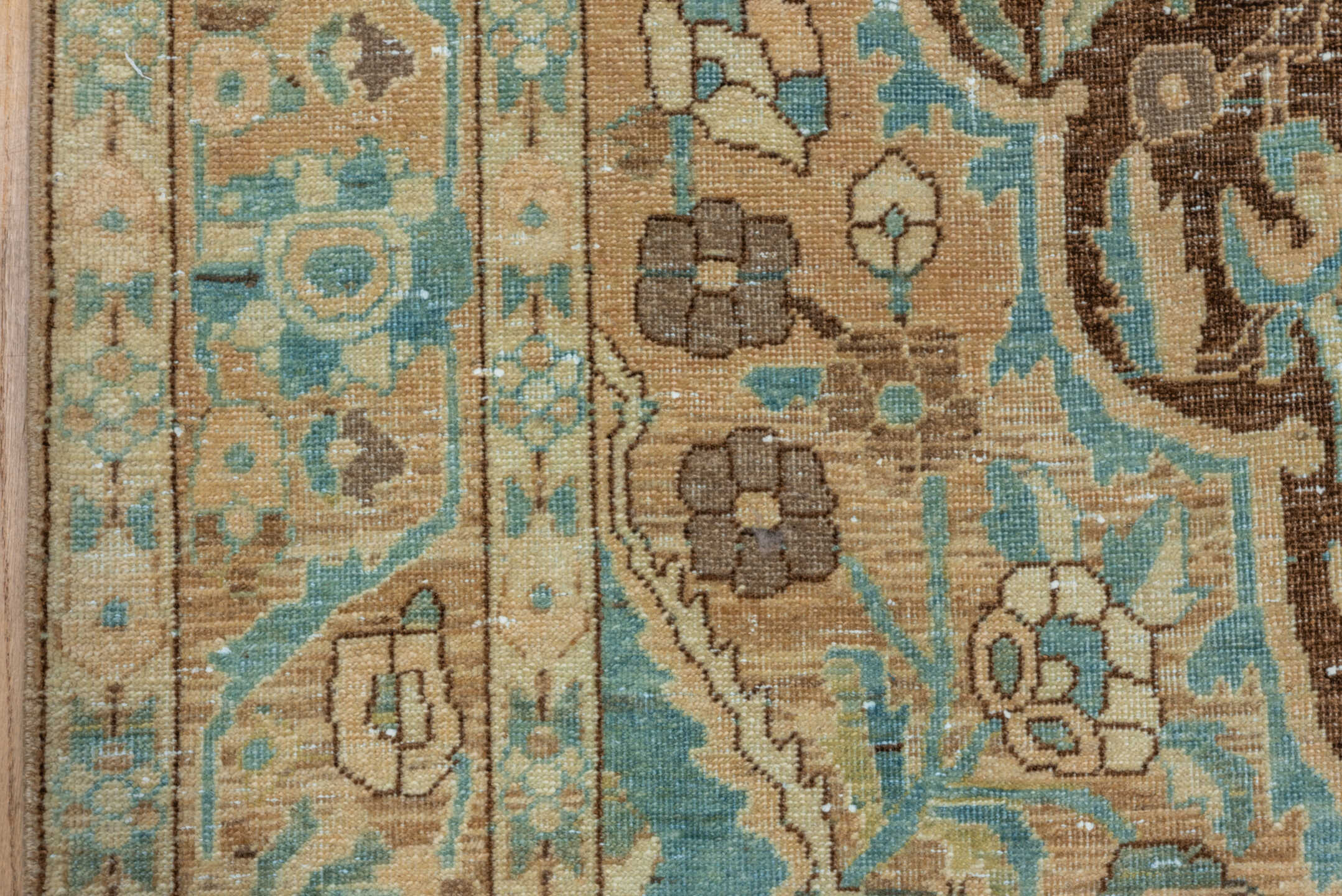 6' x 10' one-of-a-kind handmade vintage Baktiary large size rug. Color palette: beige, aqua, ivory, brown, taupe, charcoal