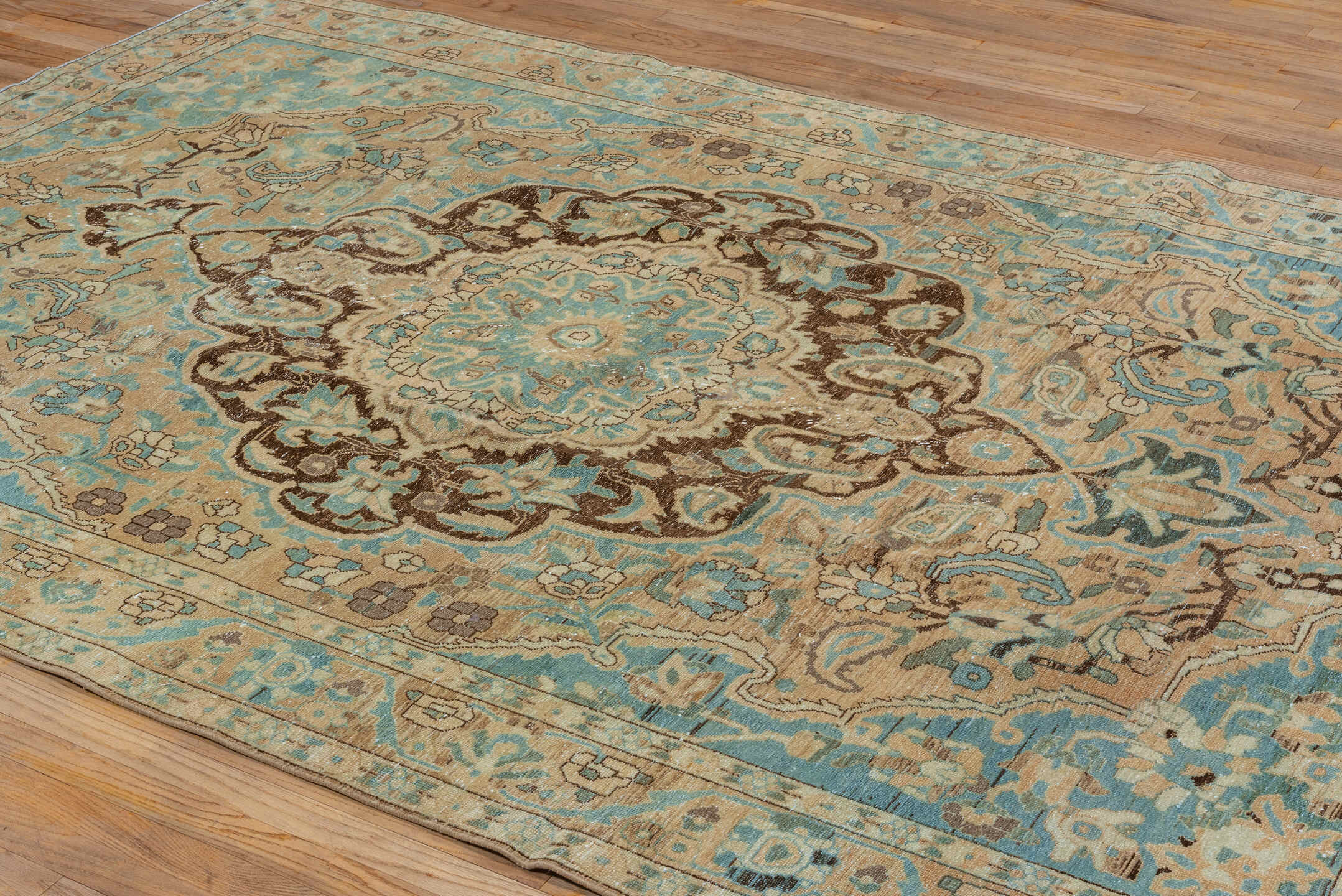 6' x 10' one-of-a-kind handmade vintage Baktiary large size rug. Color palette: beige, aqua, ivory, brown, taupe, charcoal