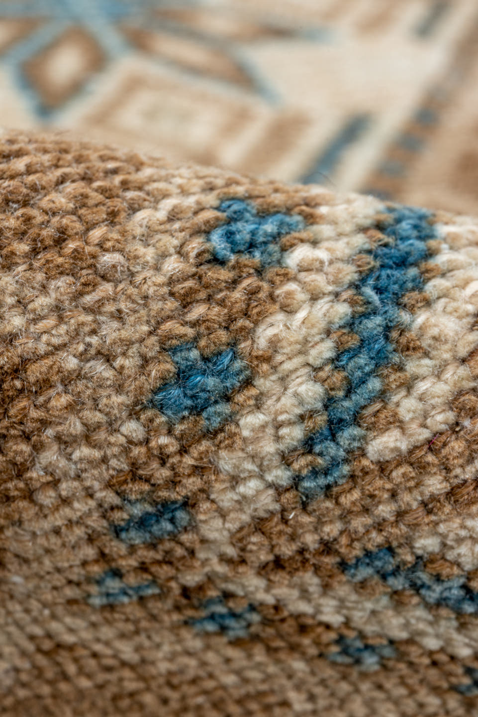 7' x 9' one-of-a-kind handmade vintage Malayer rug. Color palette: ivory, taupe, brown, sky blue, camel, slate, beige, gray