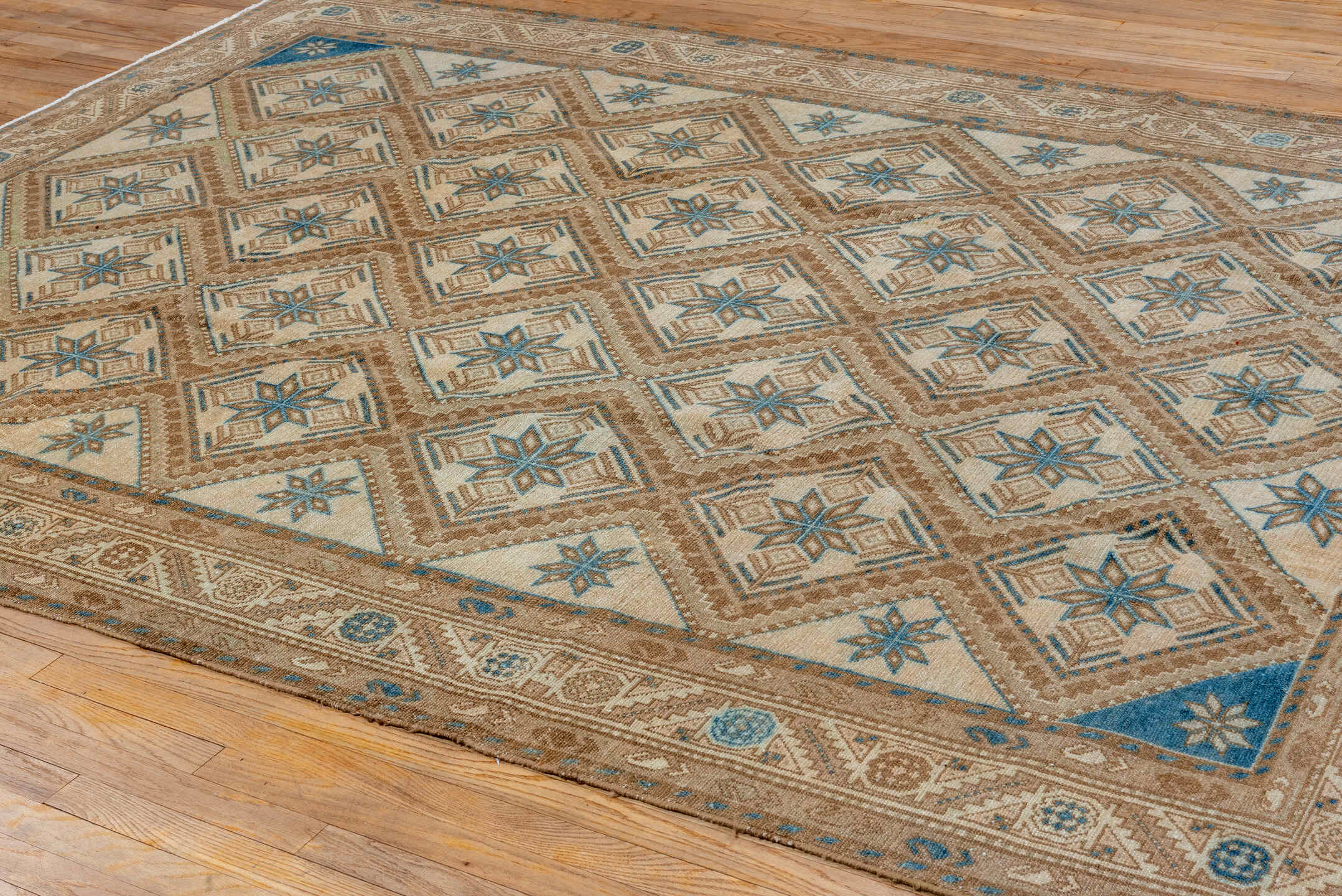 7' x 9' one-of-a-kind handmade vintage Malayer rug. Color palette: ivory, taupe, brown, sky blue, camel, slate, beige, gray