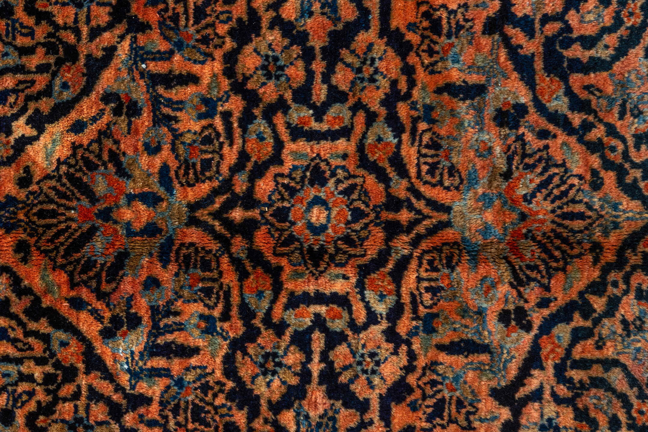 10' x 13' one-of-a-kind handmade vintage Sarouk large size rug. Color palette: rust, navy, charcoal, terra cotta, slate