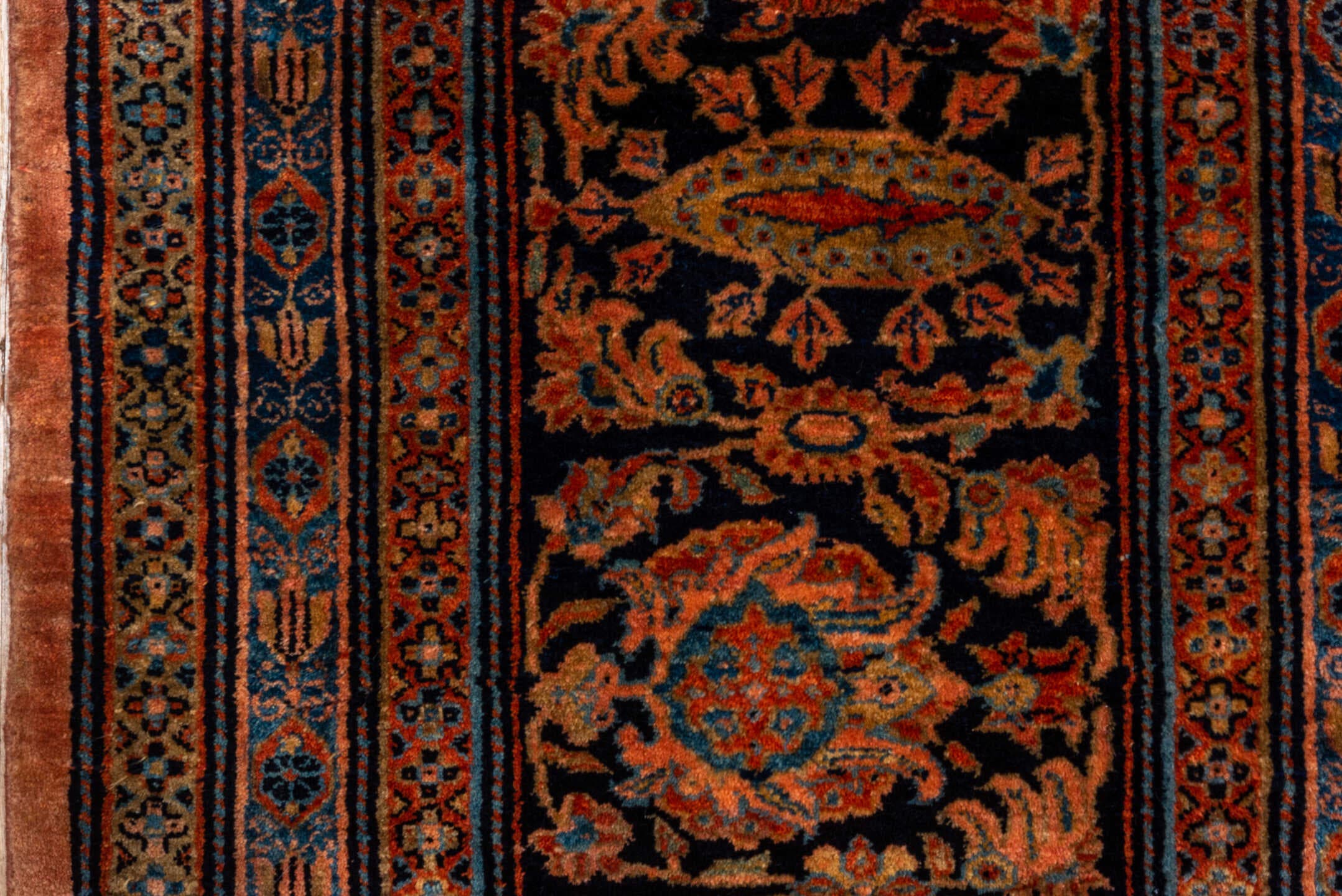 10' x 13' one-of-a-kind handmade vintage Sarouk large size rug. Color palette: rust, navy, charcoal, terra cotta, slate