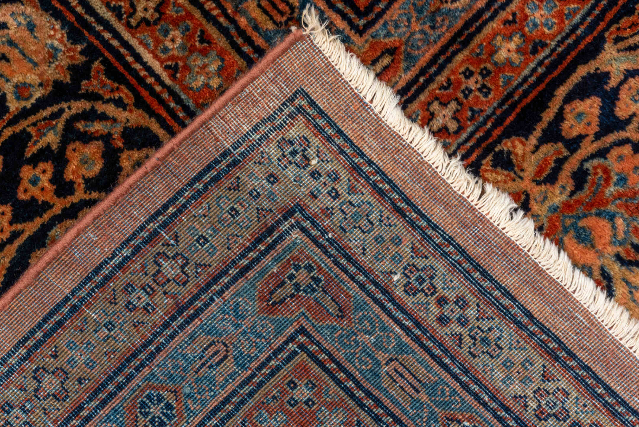 10' x 13' one-of-a-kind handmade vintage Sarouk large size rug. Color palette: rust, navy, charcoal, terra cotta, slate