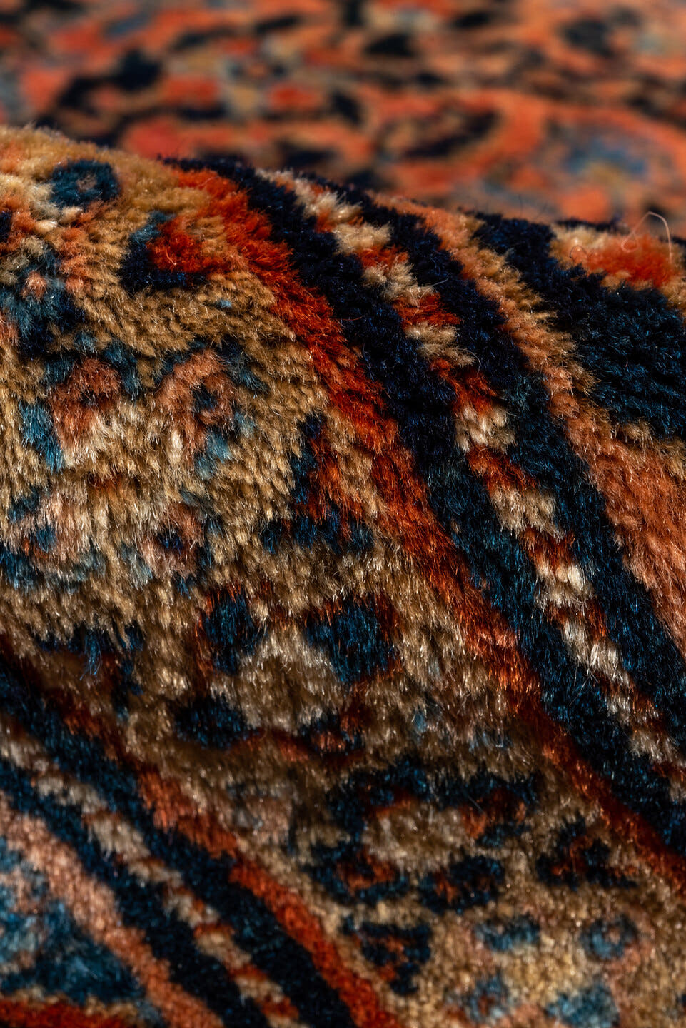 10' x 13' one-of-a-kind handmade vintage Sarouk large size rug. Color palette: rust, navy, charcoal, terra cotta, slate