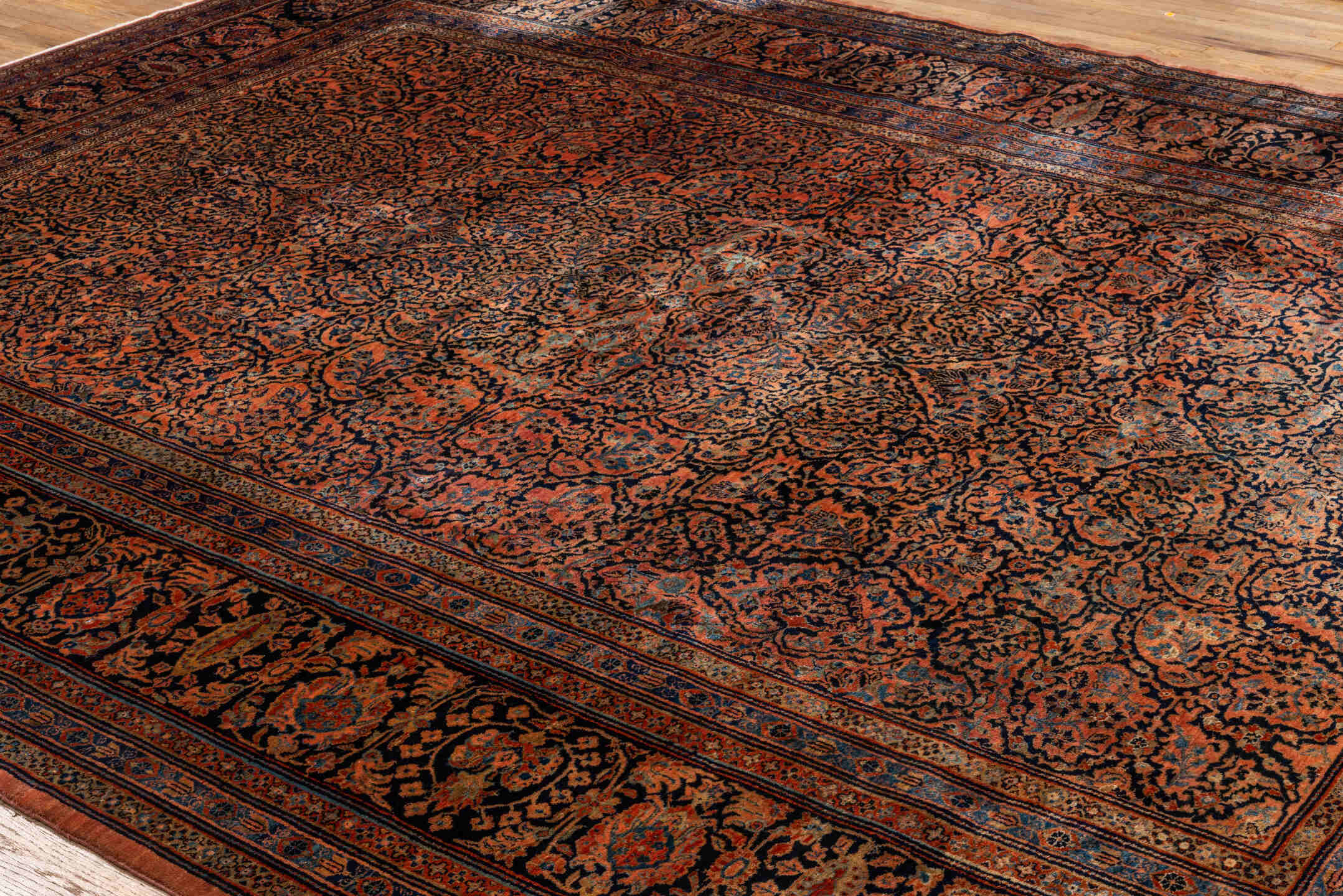 10' x 13' one-of-a-kind handmade vintage Sarouk large size rug. Color palette: rust, navy, charcoal, terra cotta, slate
