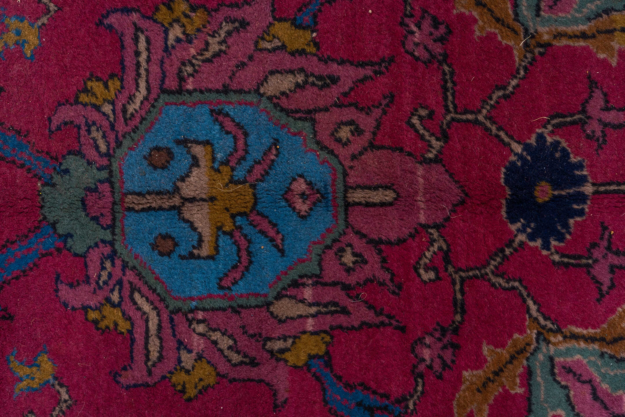 11' x 20' one-of-a-kind handmade vintage Agra oversize rug. Color palette: raspberry, navy, sky blue, rose, gold, burgundy