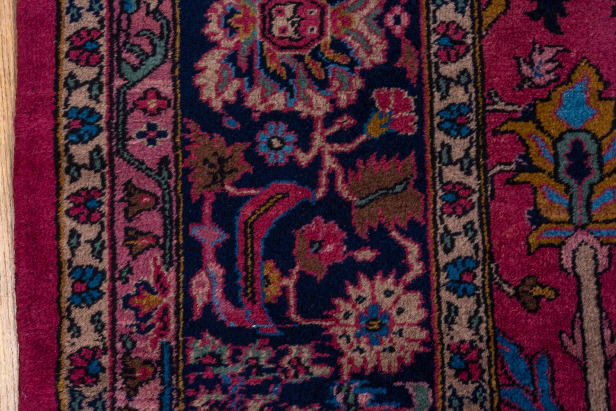 11' x 20' one-of-a-kind handmade vintage Agra oversize rug. Color palette: raspberry, navy, sky blue, rose, gold, burgundy