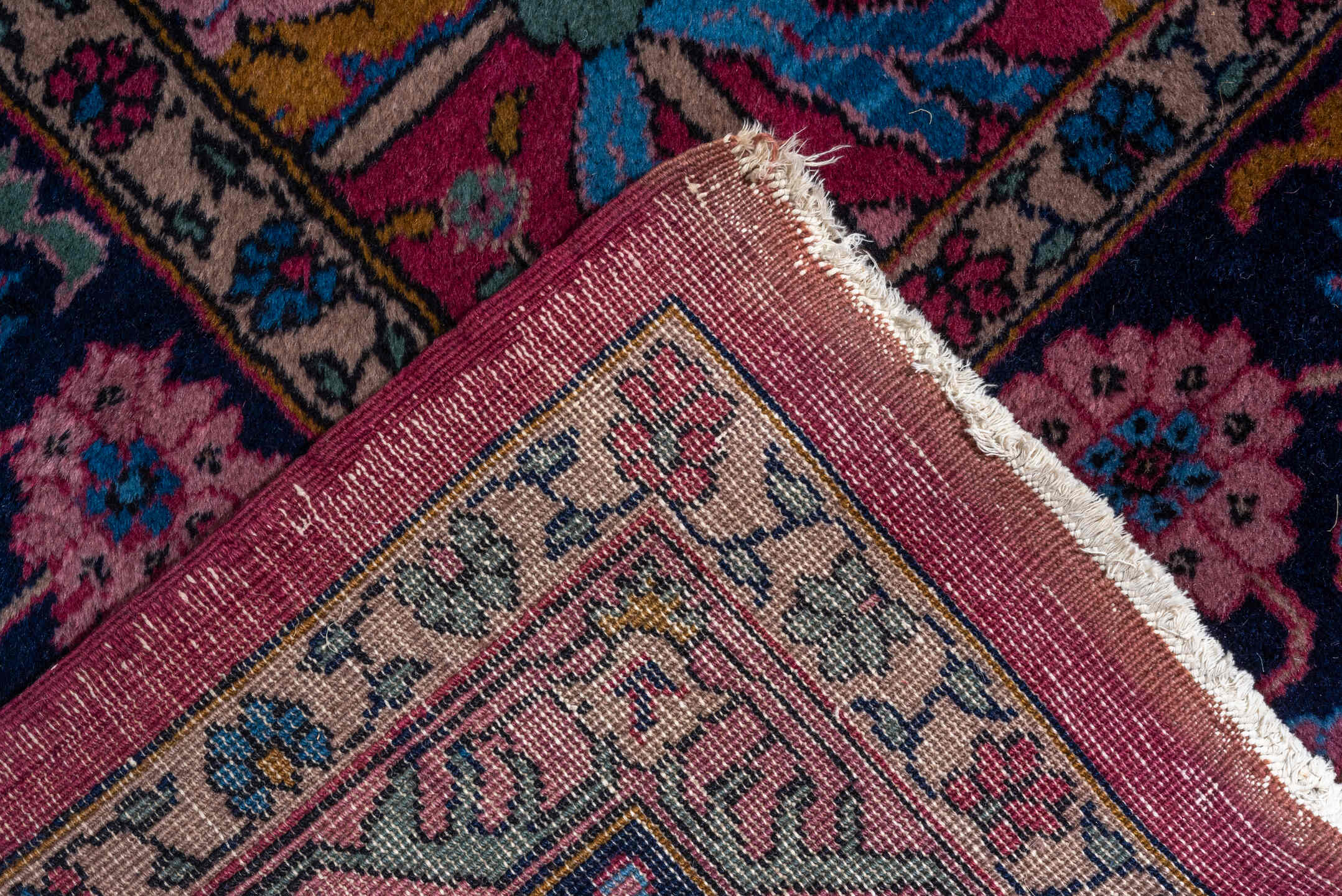11' x 20' one-of-a-kind handmade vintage Agra oversize rug. Color palette: raspberry, navy, sky blue, rose, gold, burgundy