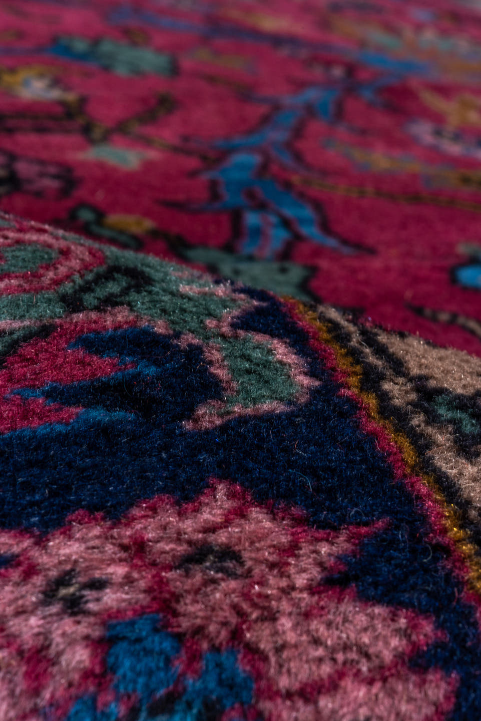 11' x 20' one-of-a-kind handmade vintage Agra oversize rug. Color palette: raspberry, navy, sky blue, rose, gold, burgundy