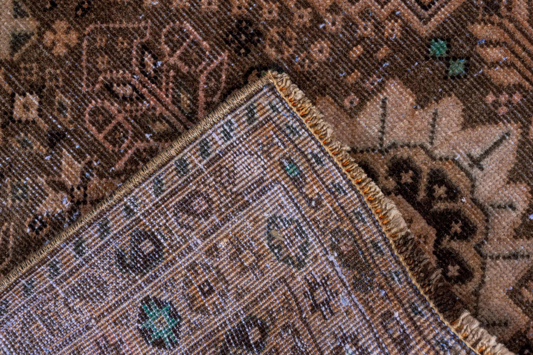 3' x 10' one-of-a-kind handmade vintage Shiraz runner rug. Color palette: taupe, camel, brown, ivory, charcoal, sage, beige