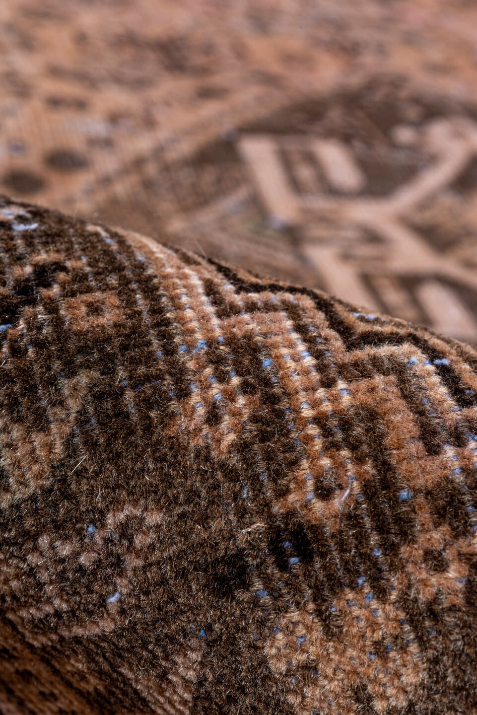 3' x 10' one-of-a-kind handmade vintage Shiraz runner rug. Color palette: taupe, camel, brown, ivory, charcoal, sage, beige