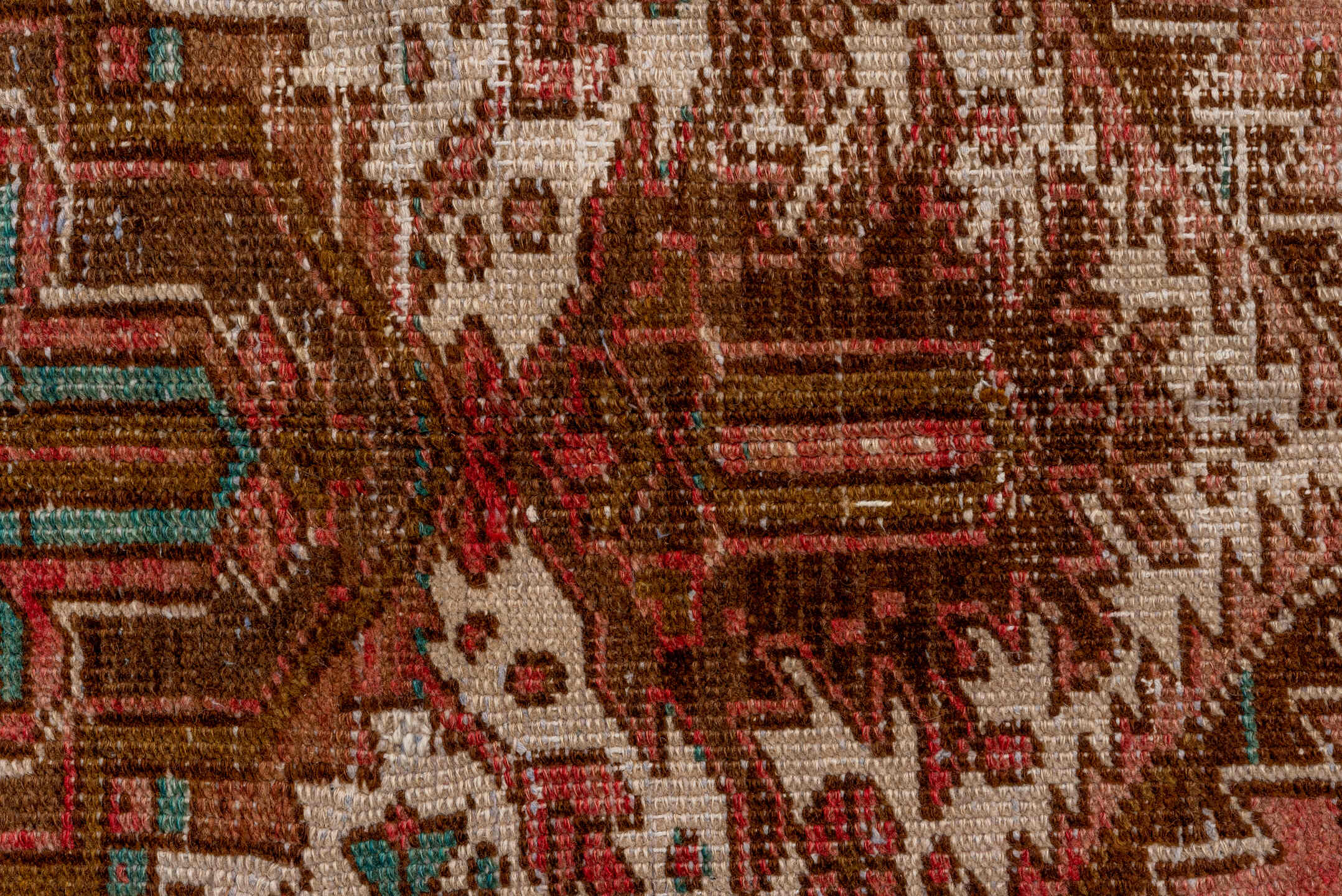 6' x 8' one-of-a-kind handmade vintage Heriz medium size rug. Color palette: rust, brown, ivory, turquoise, rose, terracotta