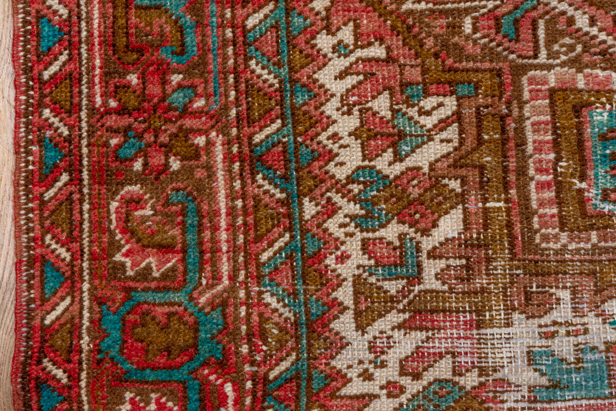 6' x 8' one-of-a-kind handmade vintage Heriz medium size rug. Color palette: rust, brown, ivory, turquoise, rose, terracotta