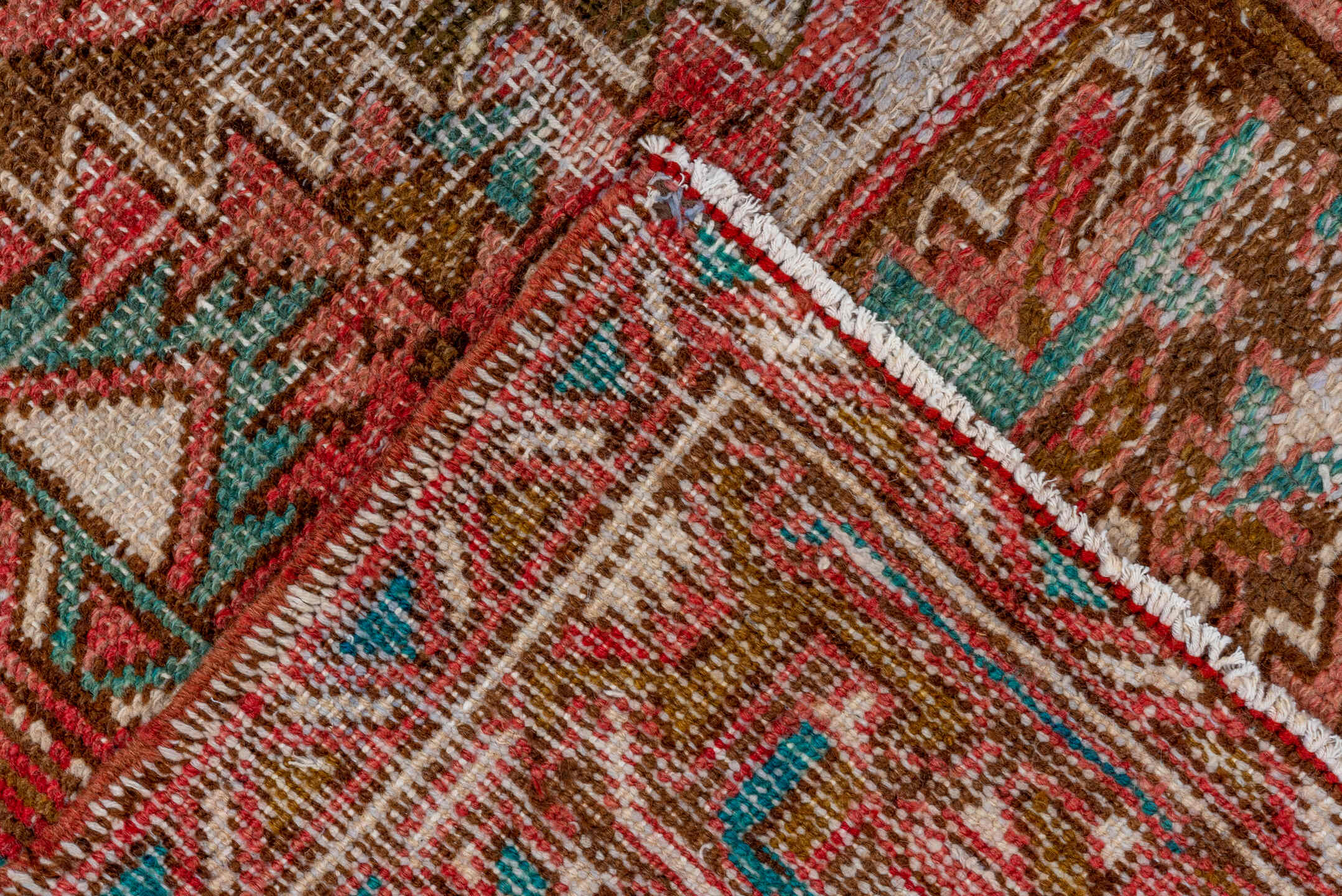 6' x 8' one-of-a-kind handmade vintage Heriz medium size rug. Color palette: blue, brown, gray, green, off-white, pink, red