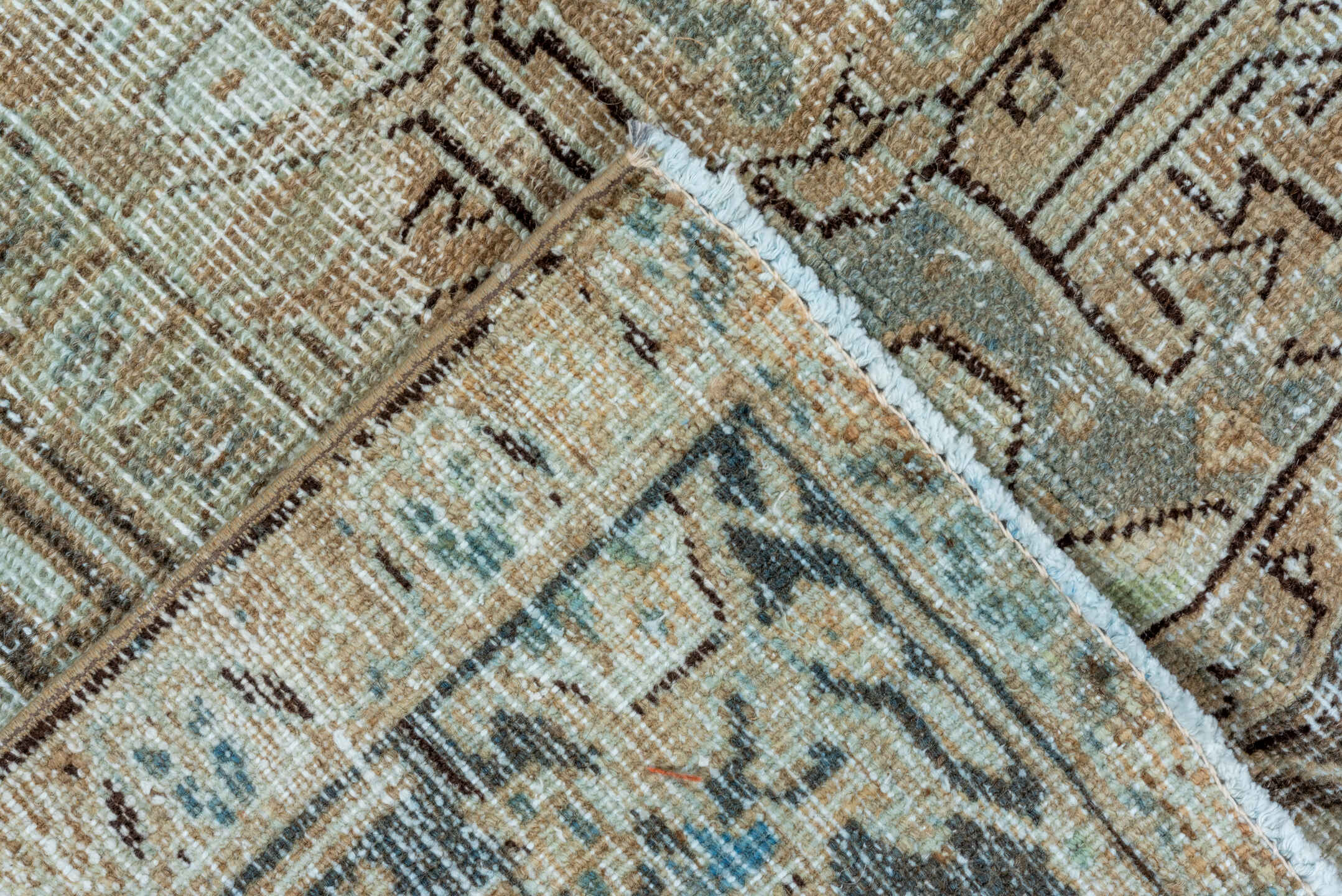 6' x 9' one-of-a-kind handmade vintage Heriz medium size rug. Color palette: camel, ivory, pale blue, taupe, charcoal, beige