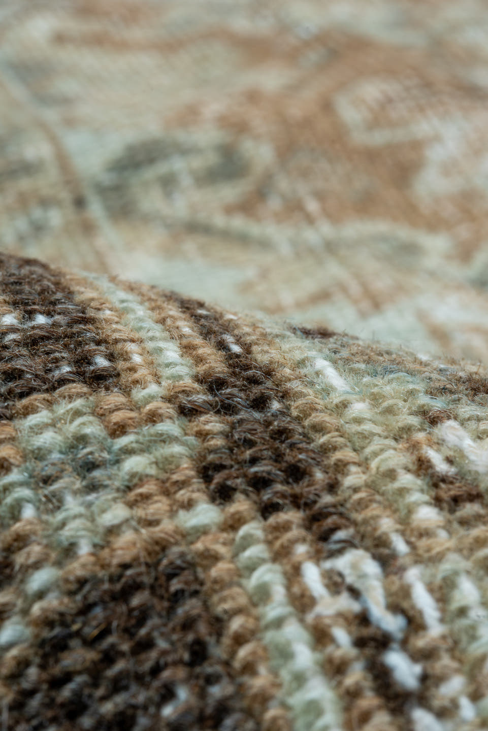 6' x 9' one-of-a-kind handmade vintage Heriz medium size rug. Color palette: camel, ivory, pale blue, taupe, charcoal, beige