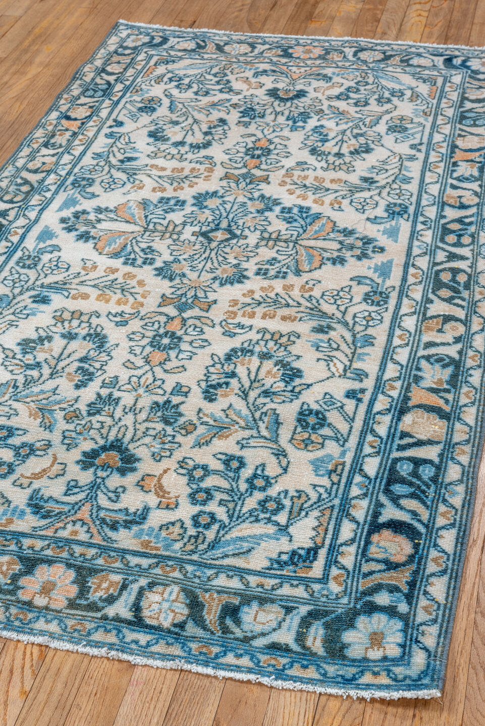3' x 6' one-of-a-kind handmade vintage Lilian small size rug. Color palette: ivory, sky blue, teal, camel, navy, taupe