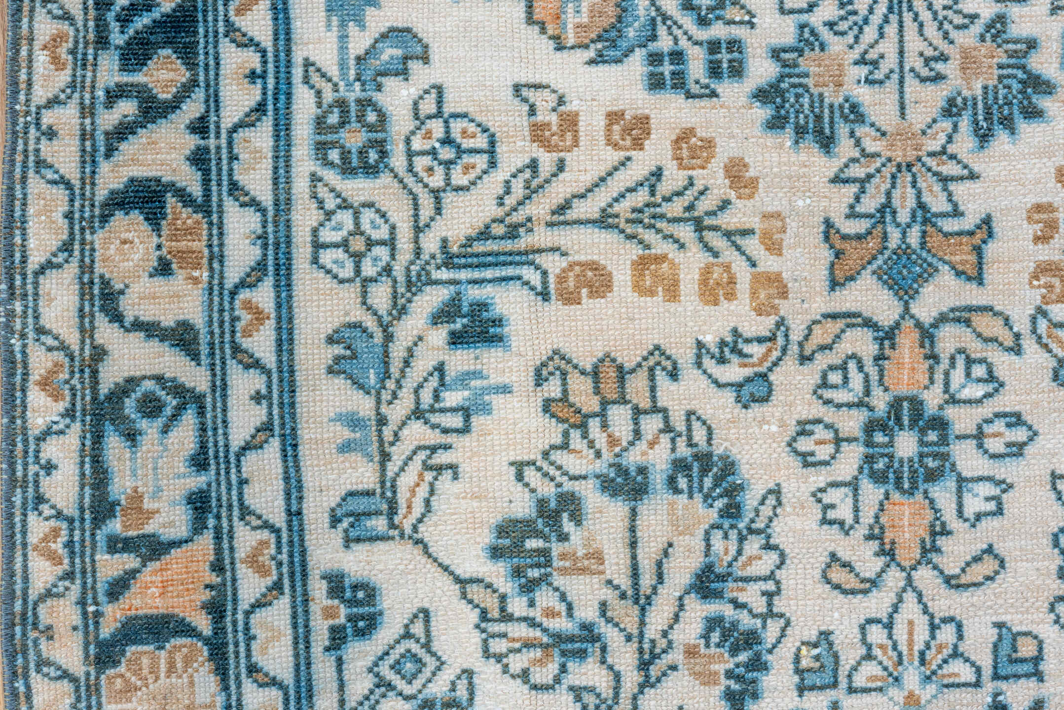 3' x 6' one-of-a-kind handmade vintage Lilian small size rug. Color palette: ivory, sky blue, teal, camel, navy, taupe