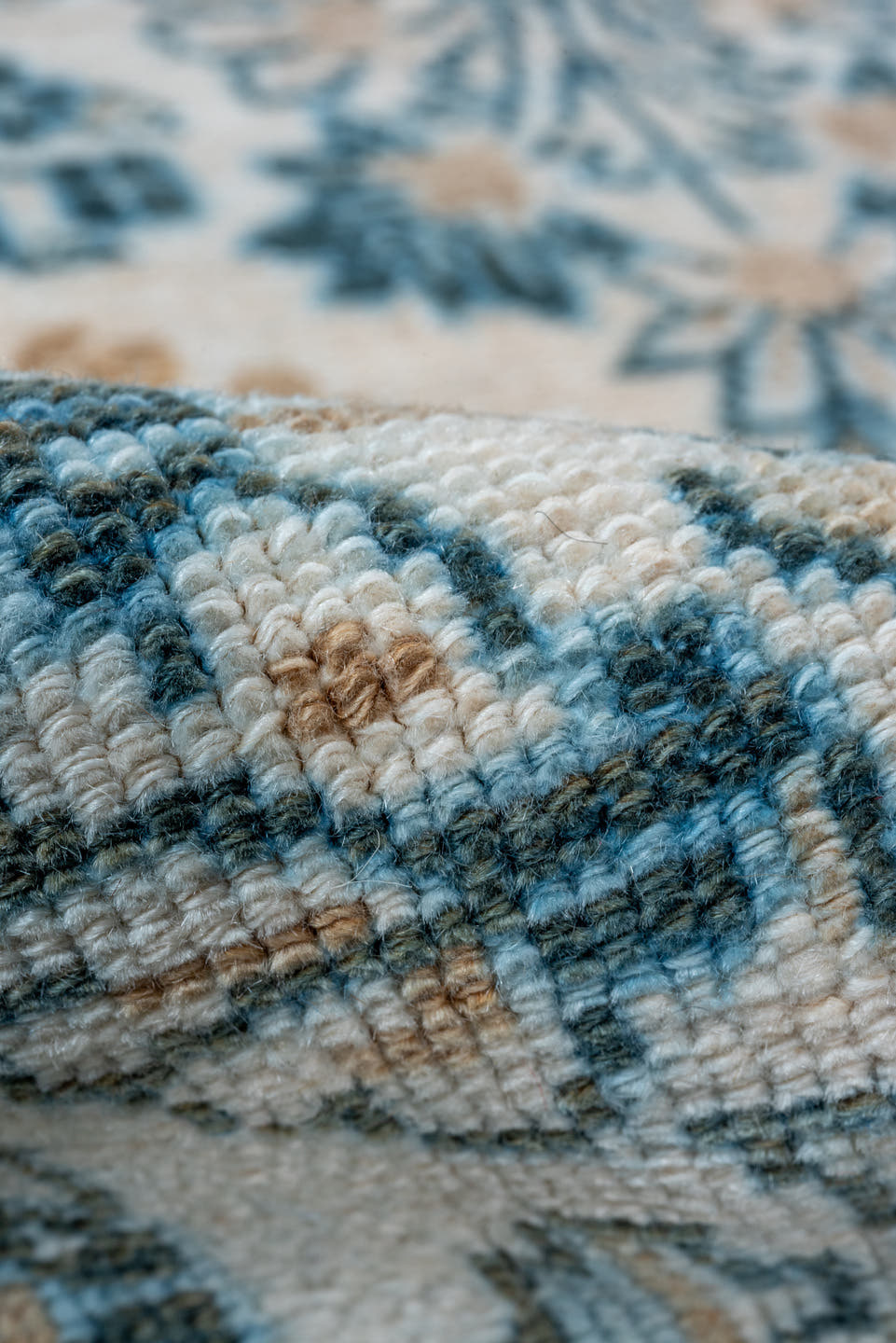 3' x 6' one-of-a-kind handmade vintage Lilian small size rug. Color palette: ivory, sky blue, teal, camel, navy, taupe