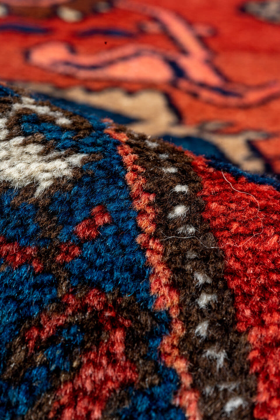 3' x 9' one-of-a-kind handmade vintage Malayer runner rug. Color palette: terra cotta, ivory, navy, blue, rose, brown