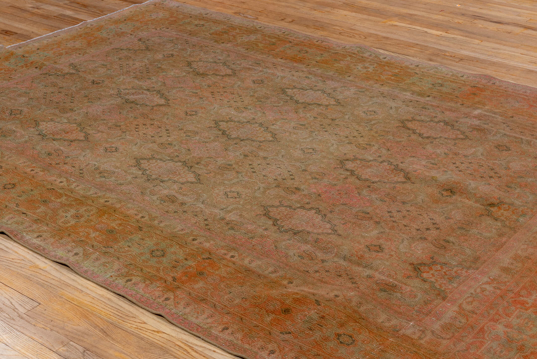 7' x 10' one-of-a-kind handmade vintage Khorassan large size rug. Color palette: taupe, terra cotta, sage, blush, camel