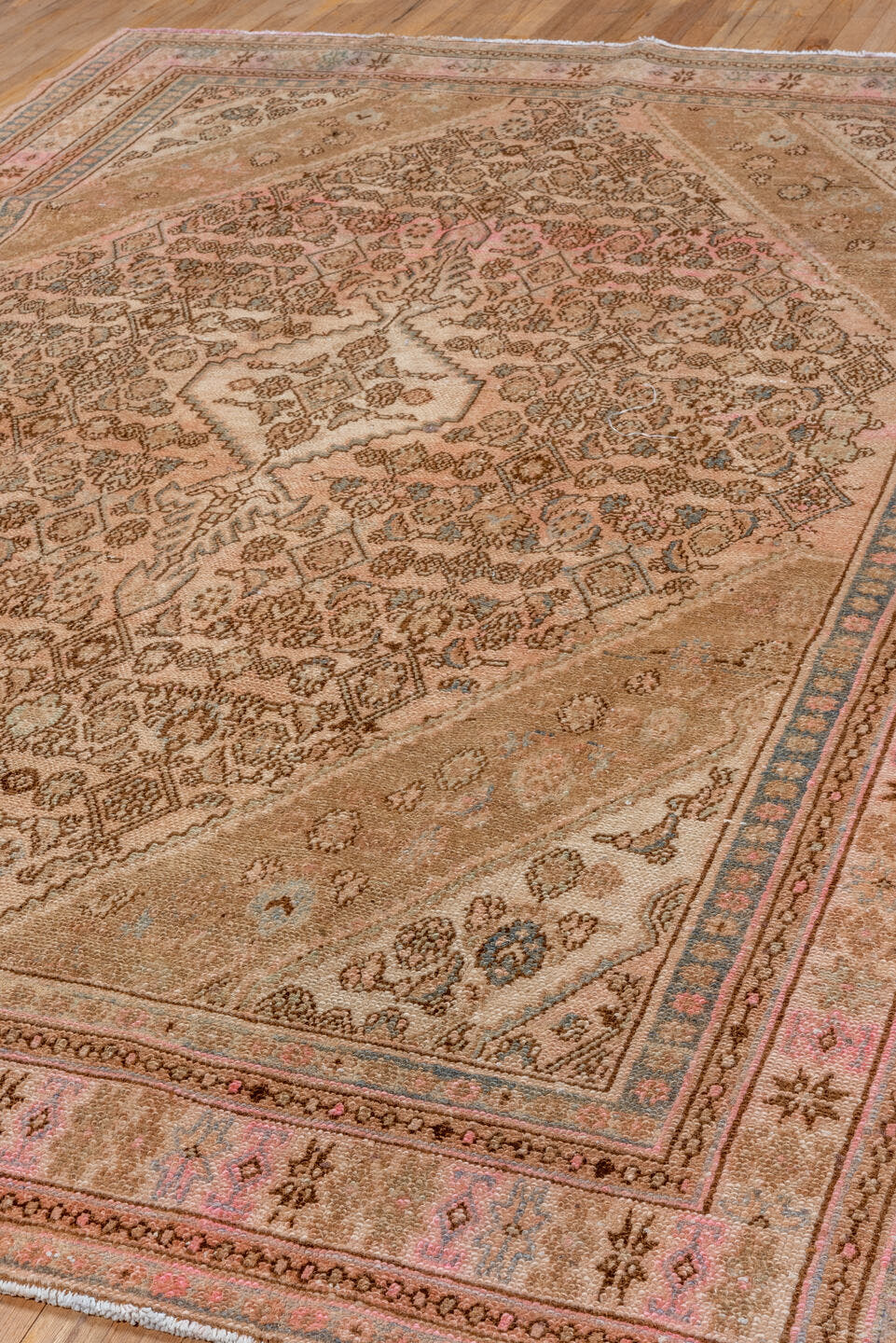 7' x 10' one-of-a-kind handmade vintage Hamadan large size rug. Color palette: taupe, blush, brown, ivory, dusty rose, slate