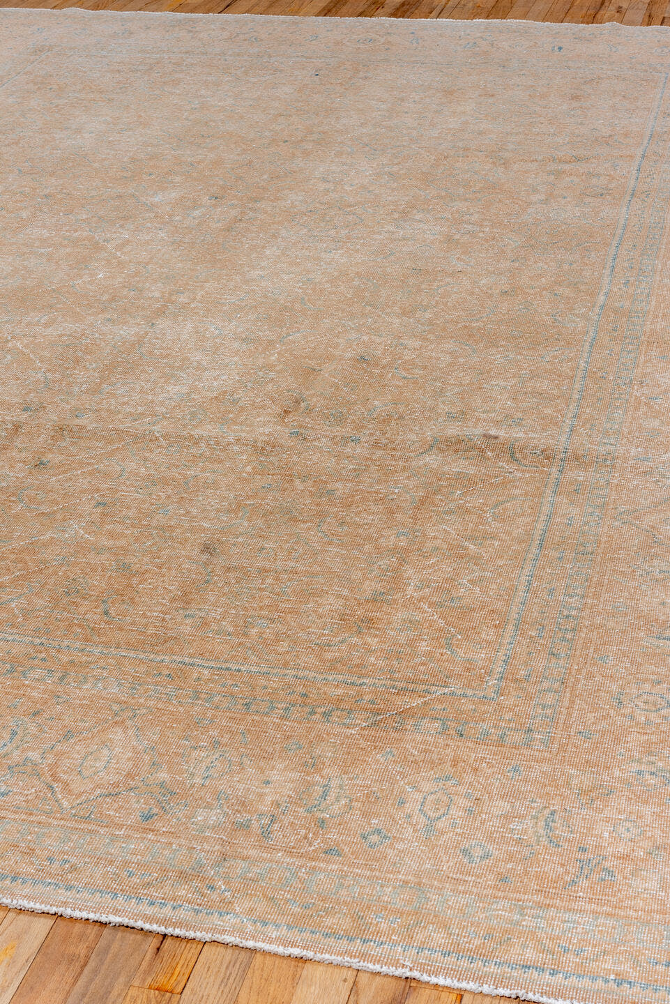 8' x 12' one-of-a-kind handmade vintage Mahal large size rug. Color palette: peach, ivory, pale blue, beige, taupe
