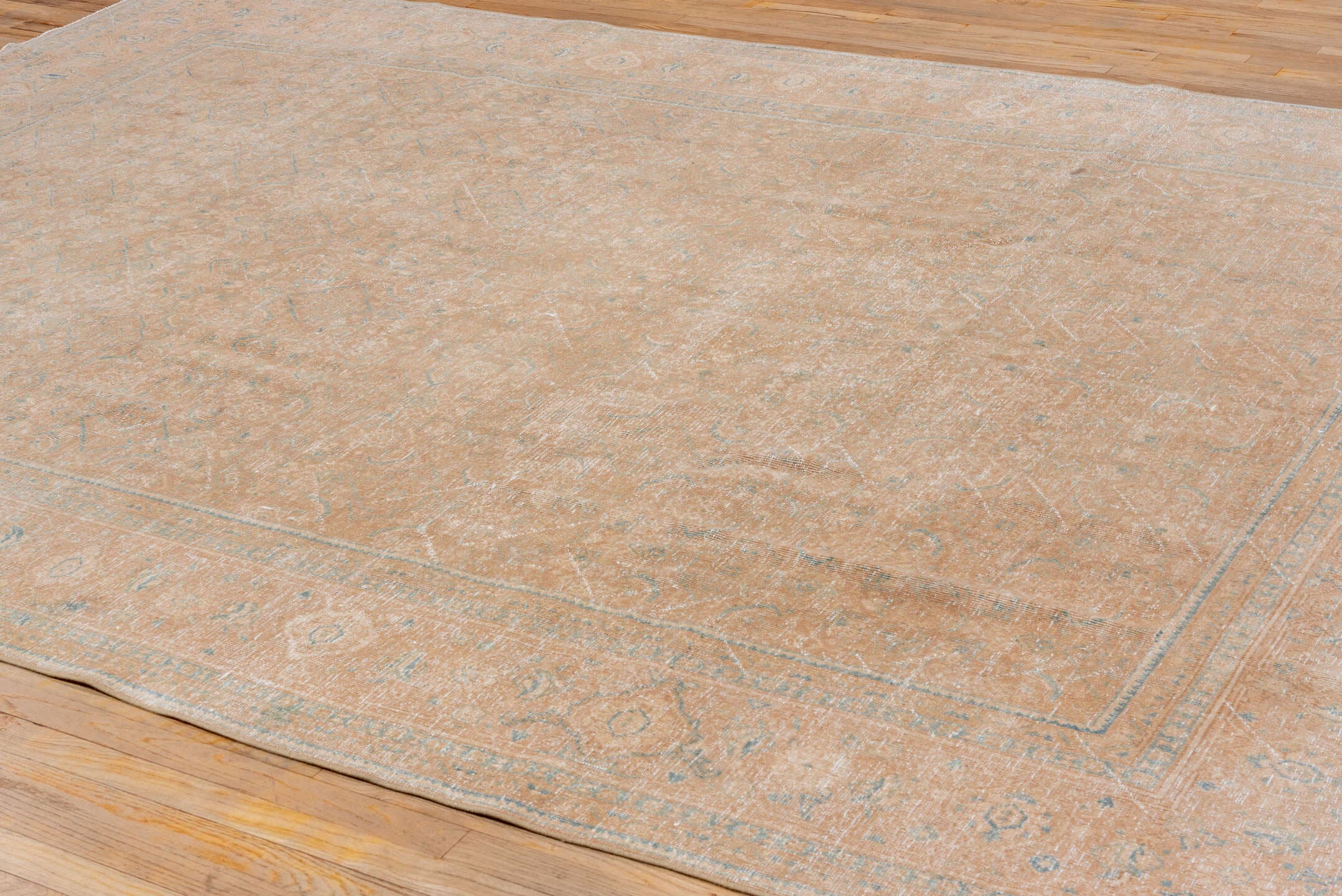 8' x 12' one-of-a-kind handmade vintage Mahal large size rug. Color palette: peach, ivory, pale blue, beige, taupe