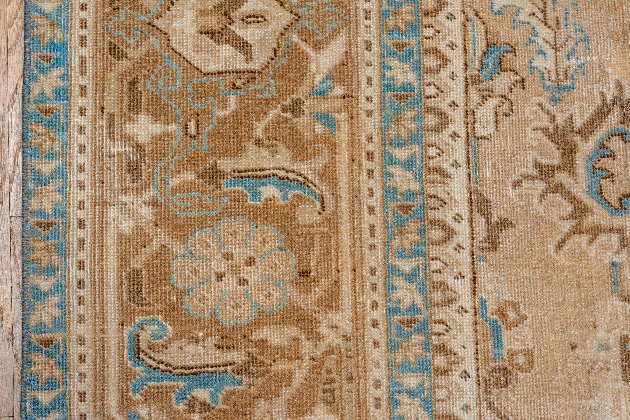 8' x 10' one-of-a-kind handmade vintage Heriz large size rug. Color palette: blue, brown, gray, linen, off-white, seashell