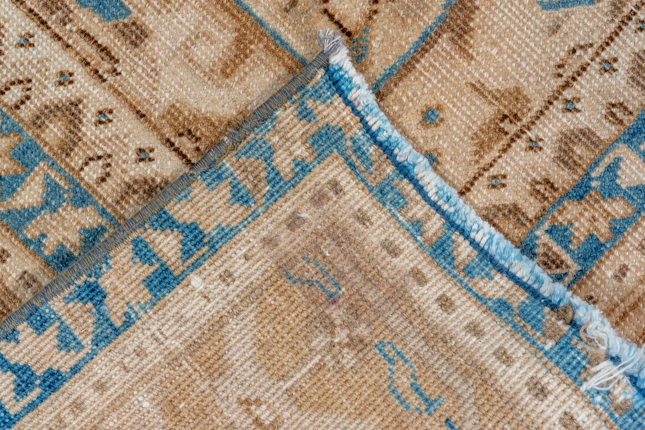 8' x 10' one-of-a-kind handmade vintage Heriz large size rug. Color palette: beige, taupe, camel, ivory, sky blue, brown
