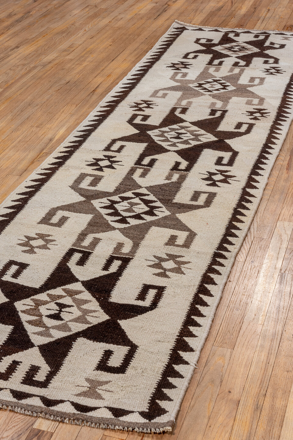 2' x 10' one-of-a-kind handmade vintage Kilim runner rug. Color palette: brown, dim gray, gray, light gray, off-white, pink