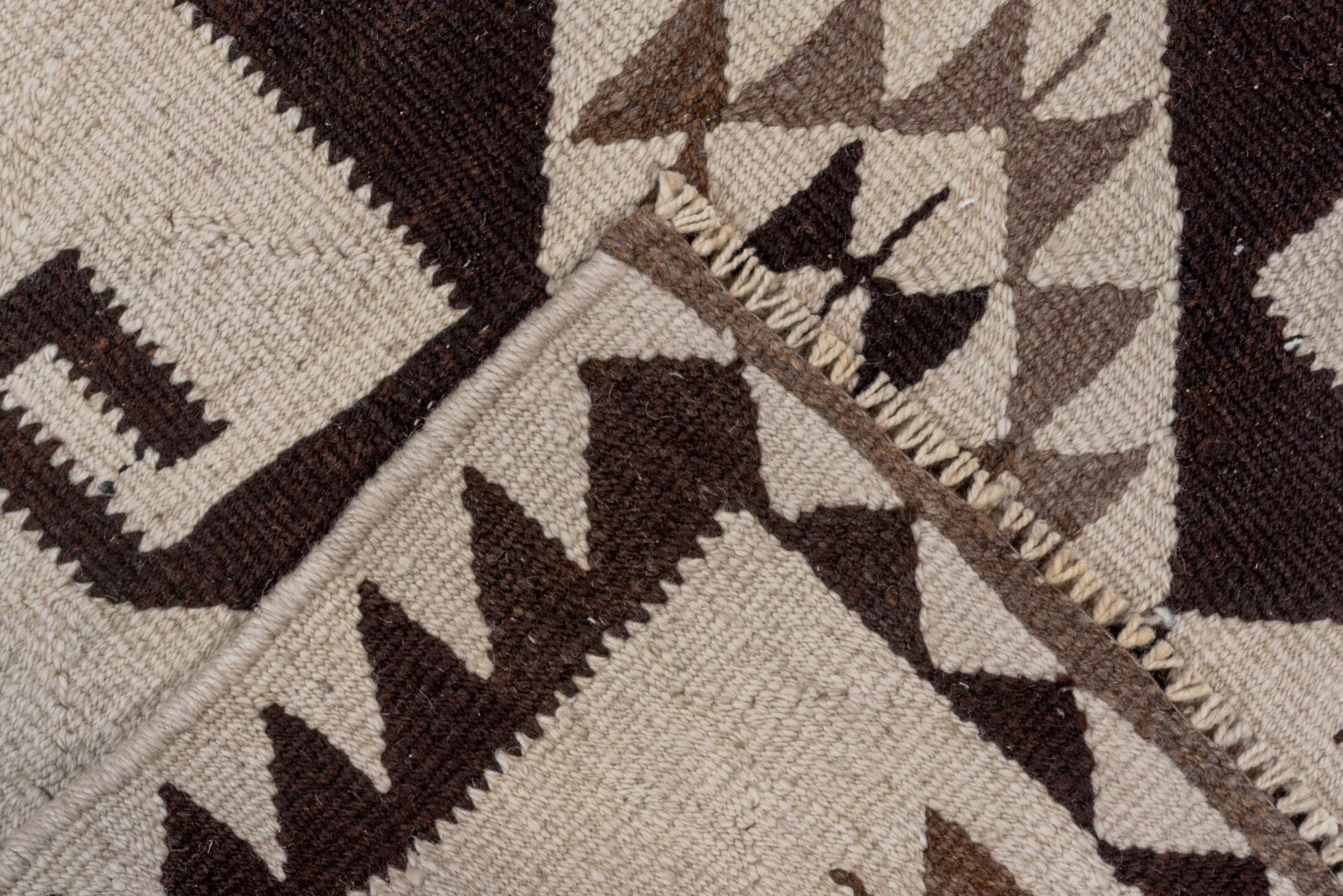 2' x 10' one-of-a-kind handmade vintage Kilim runner rug. Color palette: brown, dim gray, gray, light gray, off-white, pink