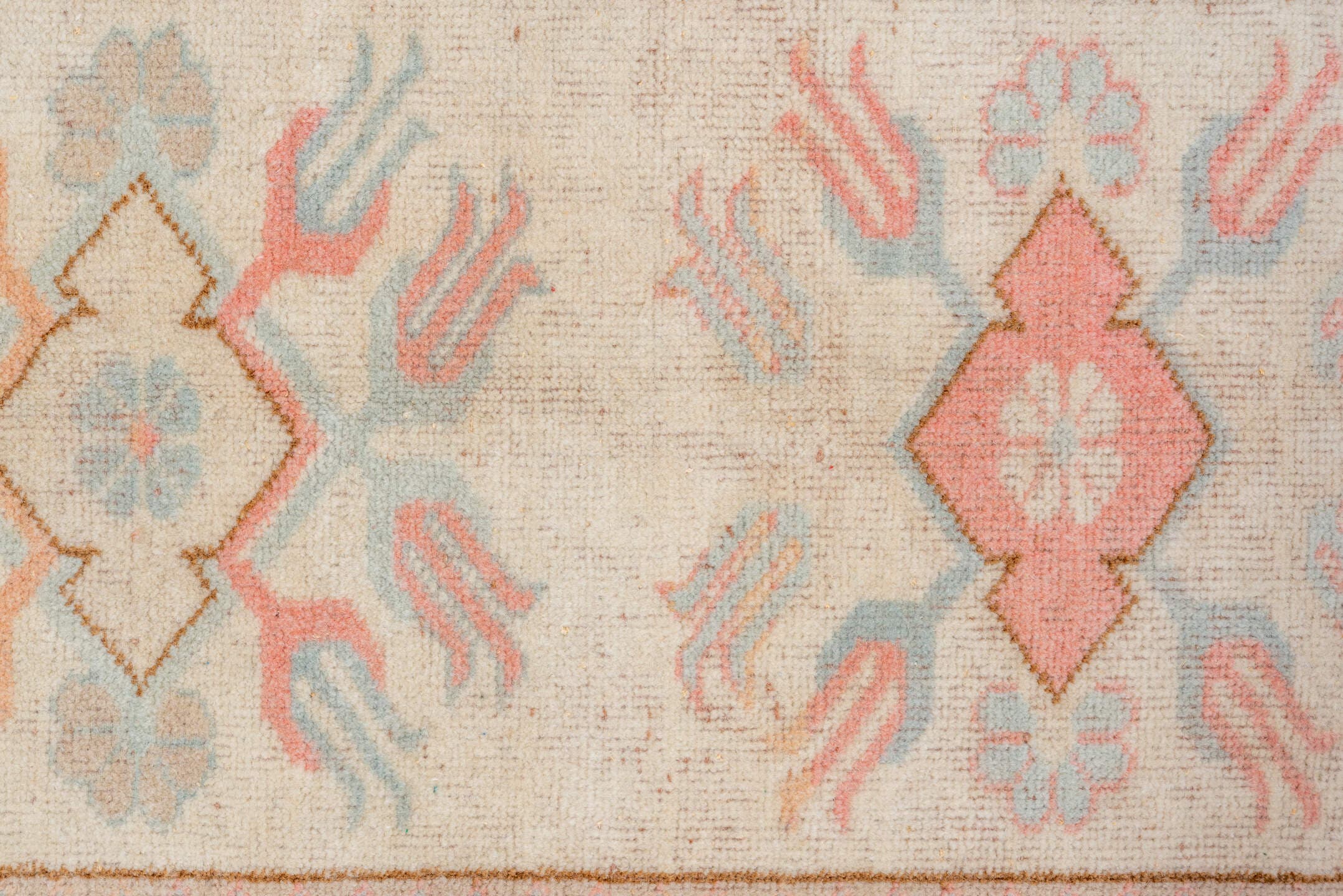 2' x 9' one-of-a-kind handmade vintage Oushak runner rug. Color palette: ivory, pale blue, blush, taupe, cream, peach