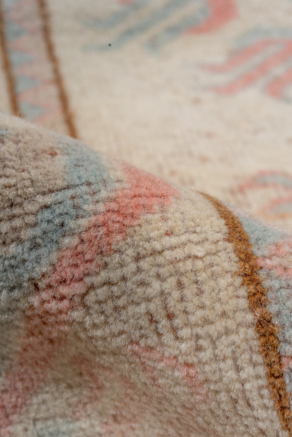 2' x 9' one-of-a-kind handmade vintage Oushak runner rug. Color palette: ivory, pale blue, blush, taupe, cream, peach