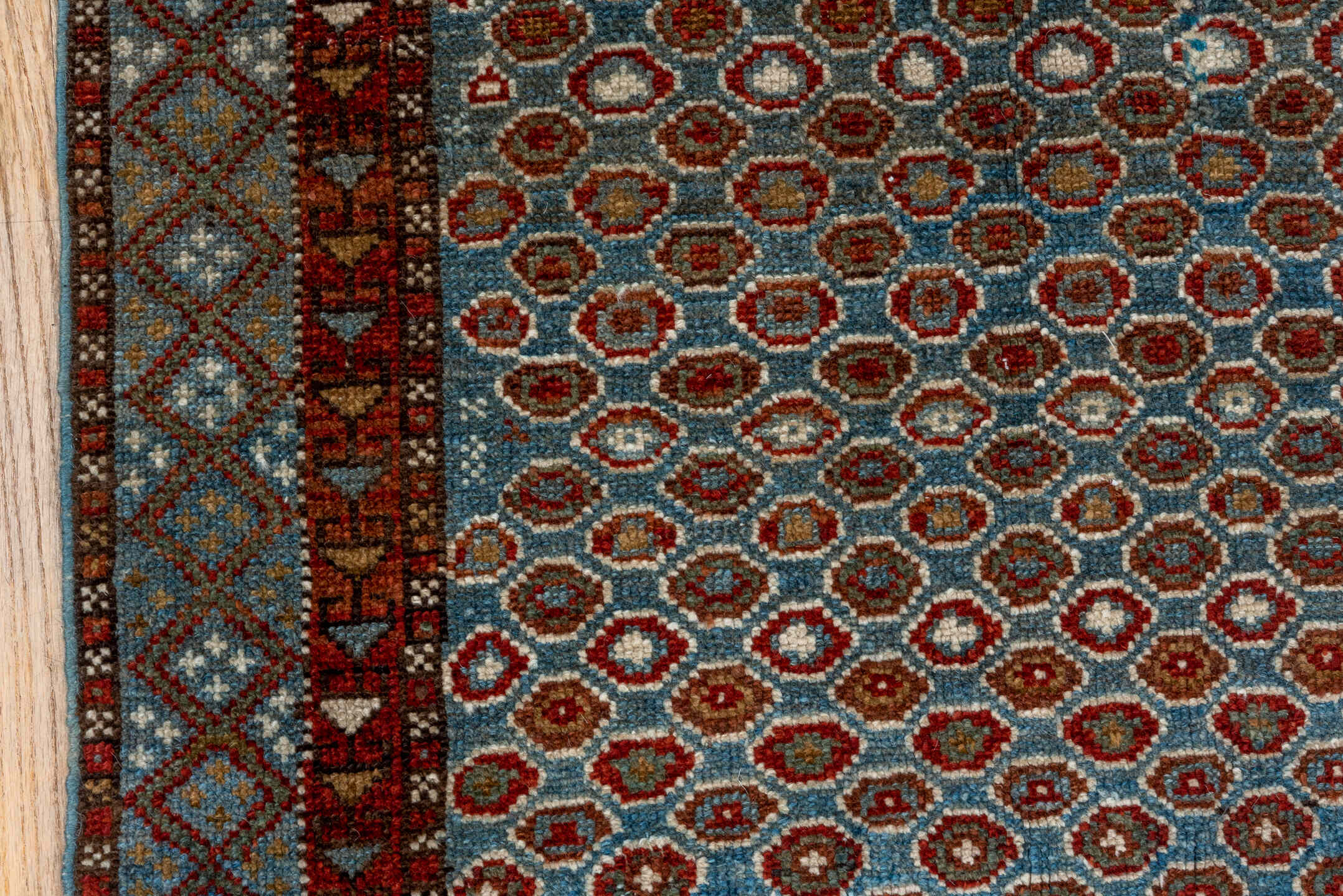 3' x 6' one-of-a-kind handmade vintage Malayer small size rug. Color palette: light blue, rust, ivory, brown, brick red