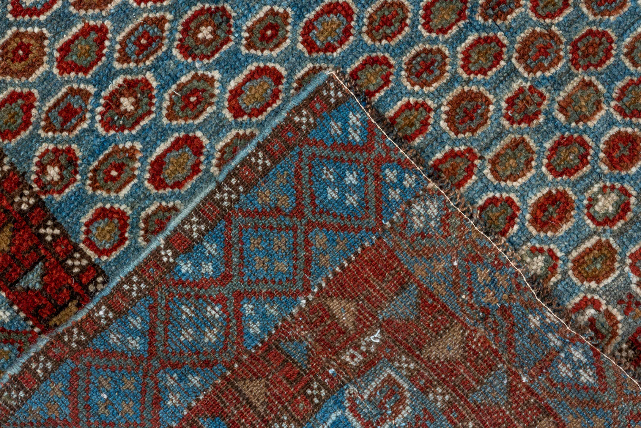 3' x 6' one-of-a-kind handmade vintage Malayer small size rug. Color palette: light blue, rust, ivory, brown, brick red
