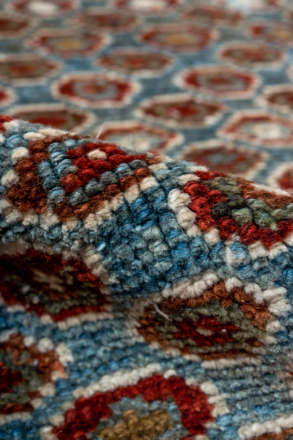 3' x 6' one-of-a-kind handmade vintage Malayer small size rug. Color palette: light blue, rust, ivory, brown, brick red