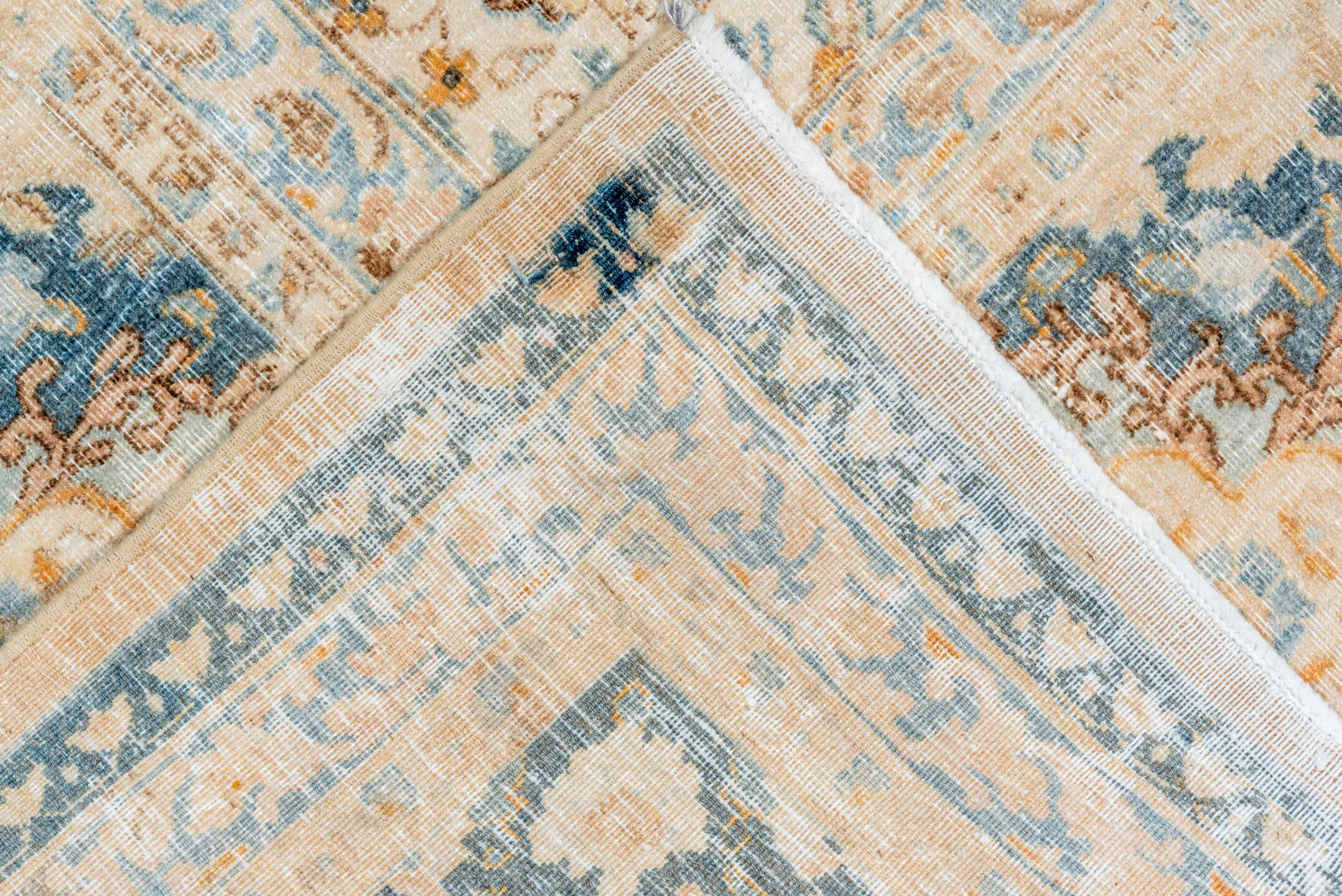 10' x 12' one-of-a-kind handmade vintage Kerman large size rug. Color palette: ivory, powder blue, camel, taupe, beige