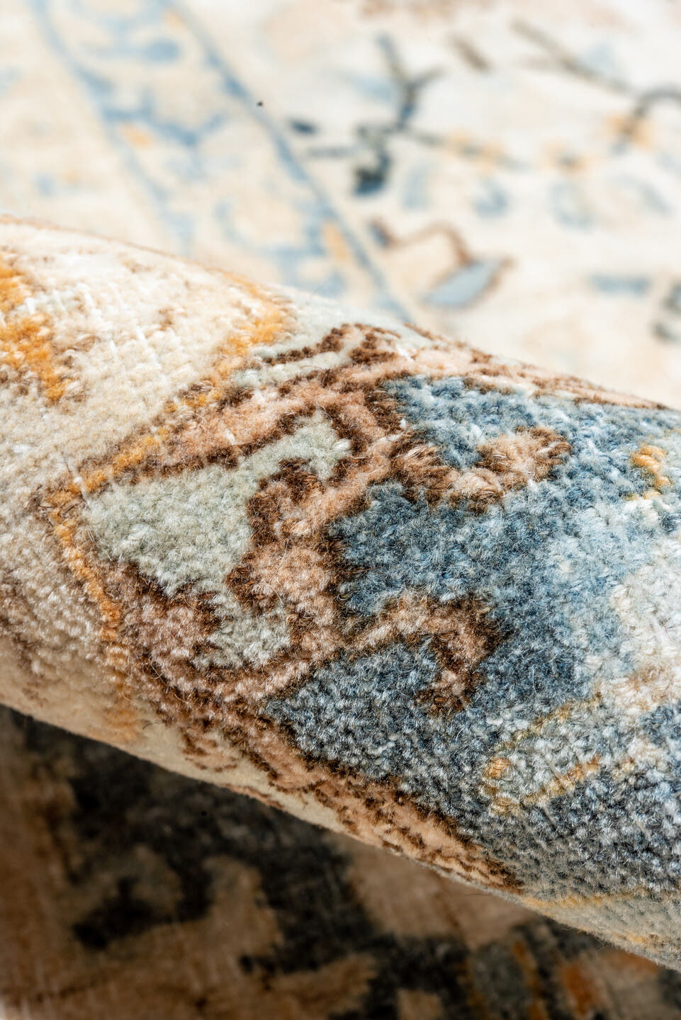 10' x 12' one-of-a-kind handmade vintage Kerman large size rug. Color palette: ivory, powder blue, camel, taupe, beige