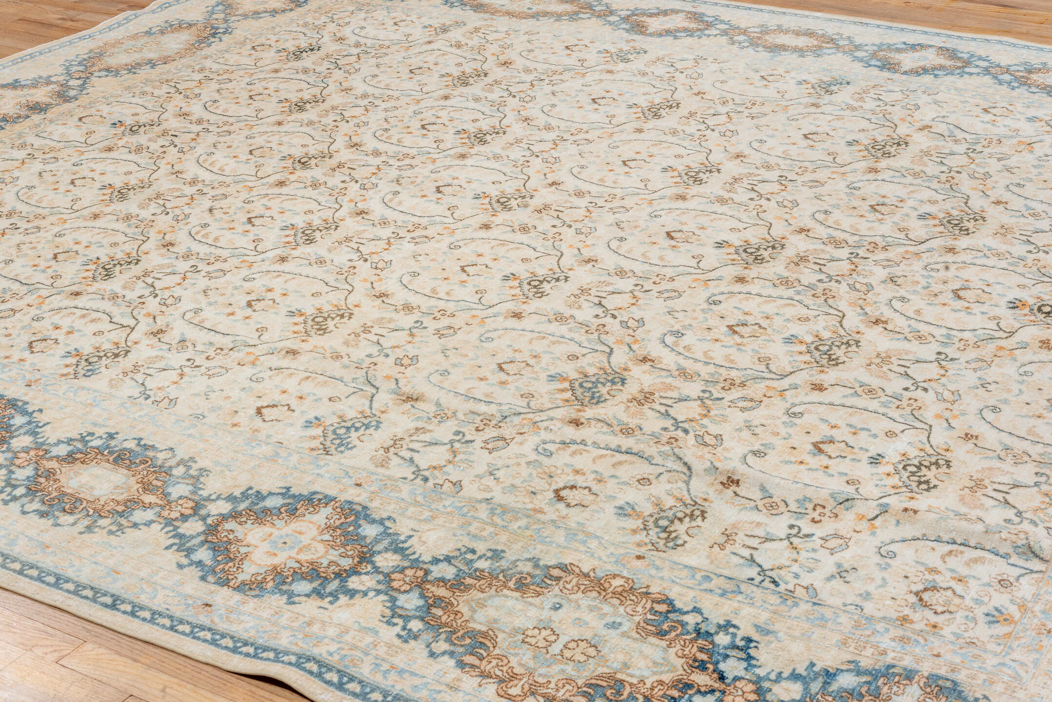 10' x 12' one-of-a-kind handmade vintage Kerman large size rug. Color palette: ivory, powder blue, camel, taupe, beige