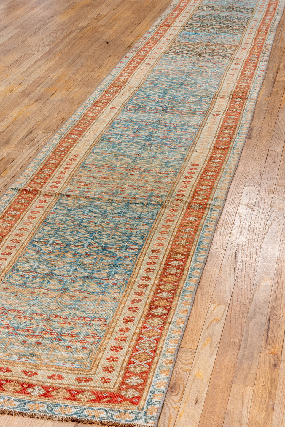2' x 14' one-of-a-kind handmade vintage Malayer runner rug. Color palette: sky blue, ivory, rust, camel, brown, teal